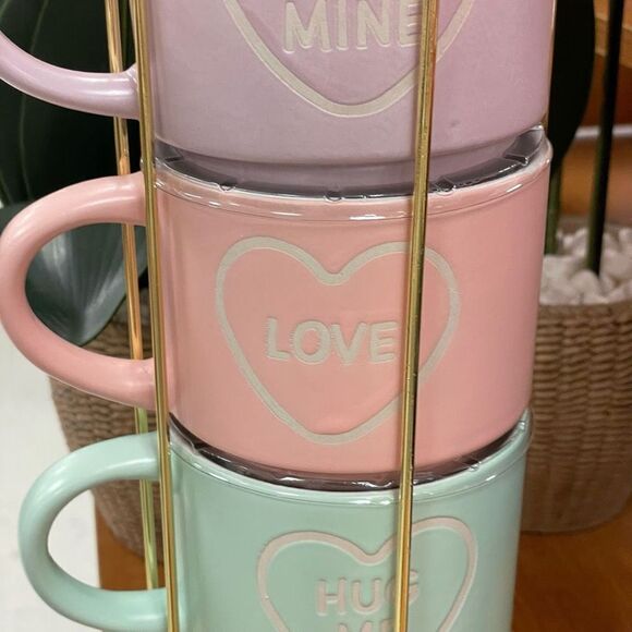 NWT Eccolo Set of 4 Stackable Mugs with Gold Rack White Hearts & Letters Pastel - Picture 6 of 11